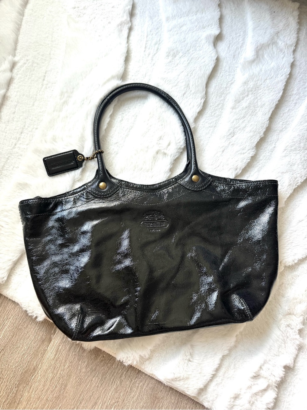 Coach Black Bleecker Crinkled Patent Leather Tote Bag